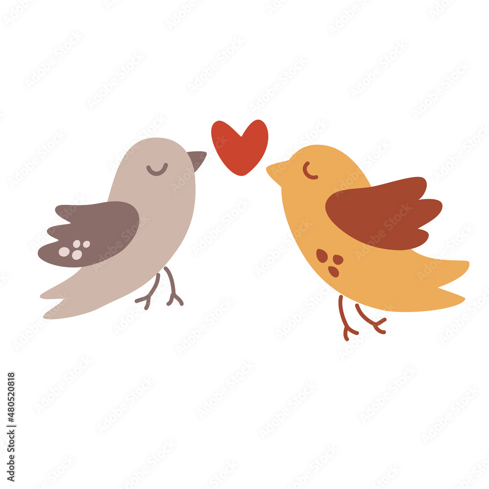 Cute birds with hearts. Lovebirds. For postcards, printing, Valentine's Day, invitations and wedding. Animals Characters. Vector cartoon illustration.