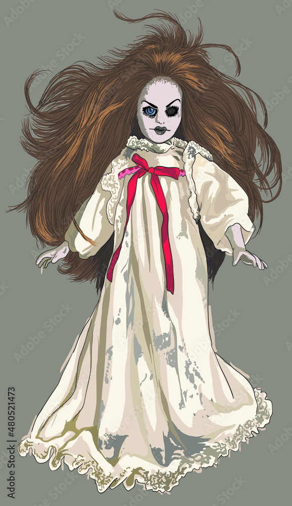 Drawing Katie scary doll, scary face, long hair, art.illustration, vector