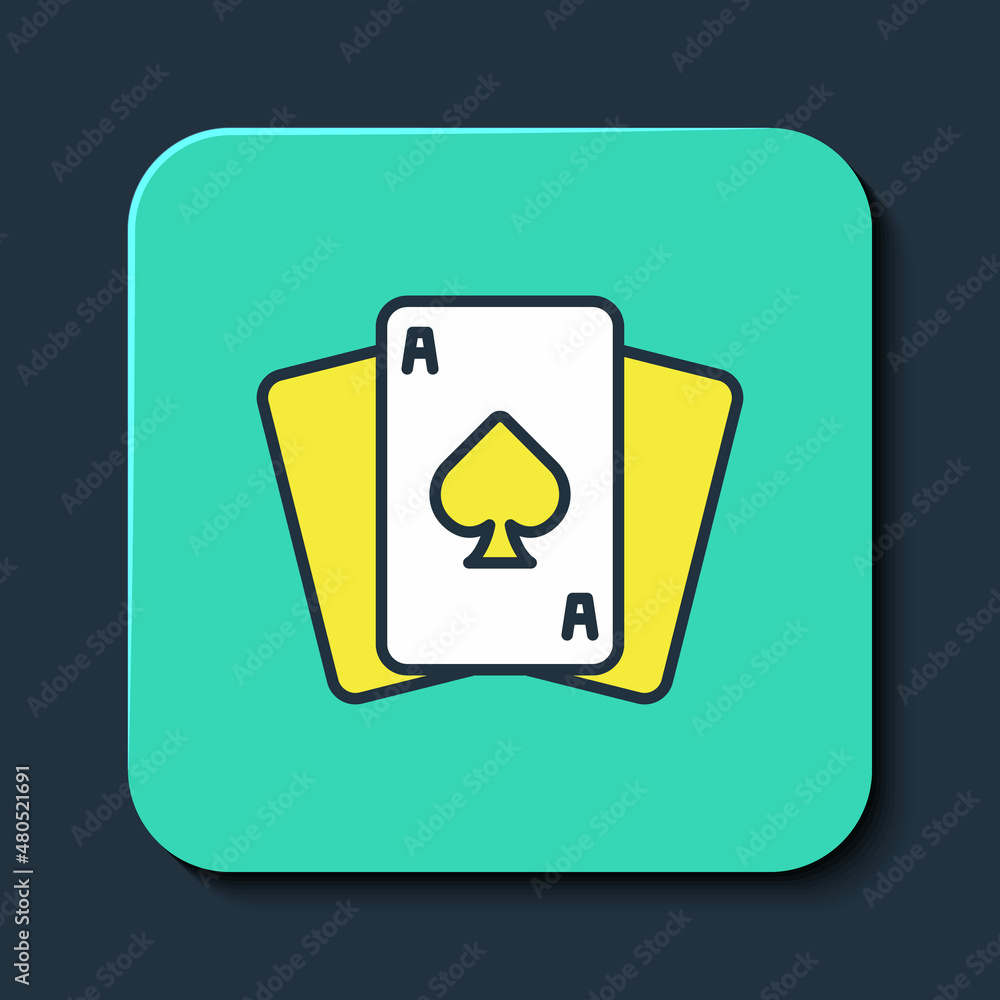 Filled outline Playing cards icon isolated on blue background. Casino gambling. Turquoise square button. Vector Filled outline Playing cards icon isolated on blue background. Casino gambling. Turquoise square button. Vector