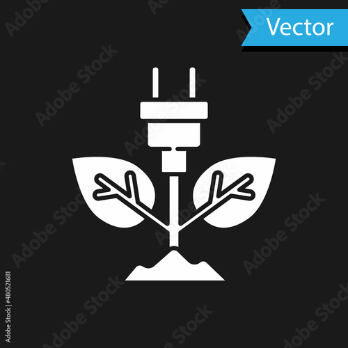 White Electric saving plug in leaf icon isolated on black background. Save energy electricity. Environmental protection. Bio energy. Vector