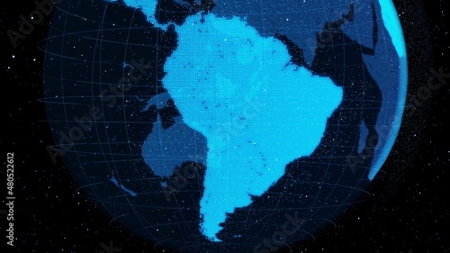 3D Digital orbital earth in cyberspace showing concept of network technology . Hologram of globe sphere graphic connect to internet presents global communication and connection network . 3D render .