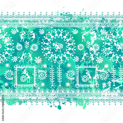 Warli Art painting seamless pattern - hand drawn traditional the ancient tribal art India. In the style of Indian kitsch matched by a rudimentary technique depicting rural life of the inhabitants 