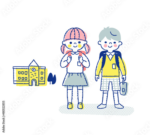 小学生の男女と学校