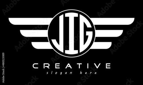 JIG three letter monogram type circle letter logo with wings vector template.