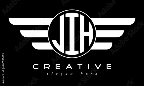 JIH three letter monogram type circle letter logo with wings vector template.