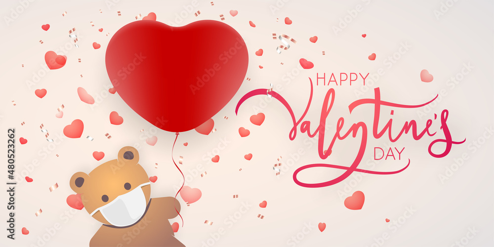 Toy bear with mask and heart shaped balloon Valentine day card design