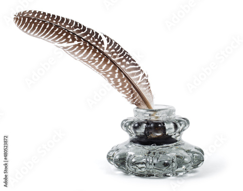 Quill pen and bottle of ink on a white background.