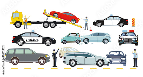 Autos auf Abschleppwagen mit Polizei, isoliert auf weißem Hintergrund. –  Illustration