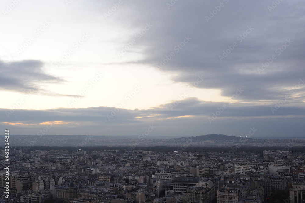 Fototapeta premium Aerial view and panorama of Paris, the capital of France before dusk