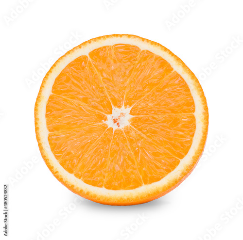 Slice orange fruit isolated on white background.