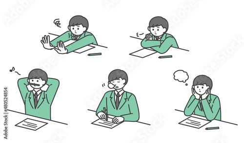 勉強に集中できていない学生の男の子のイラスト素材セット