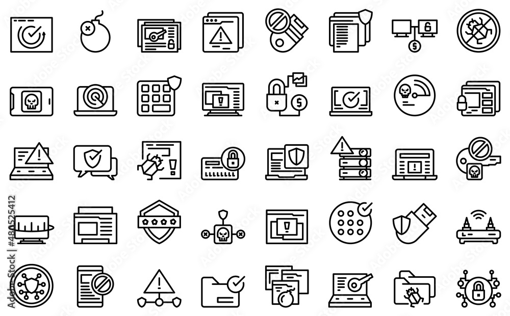 Antivirus icons set outline vector. Malware bug Antivirus icons set outline vector. Malware bug