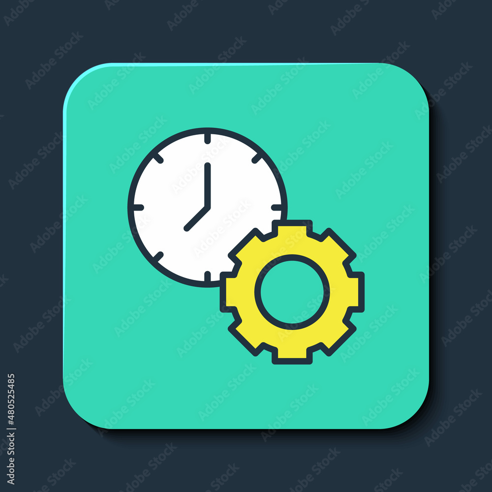 Filled outline Time management icon isolated on blue background. Clock and gear sign. Productivity symbol. Turquoise square button. Vector Filled outline Time management icon isolated on blue background. Clock and gear sign. Productivity symbol. Turquoise square button. Vector