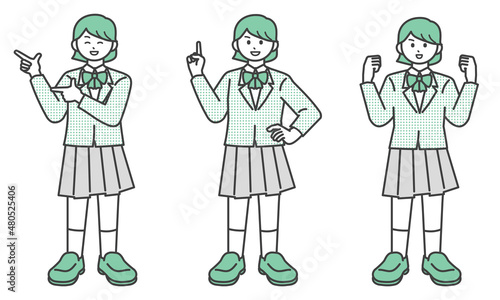 ポーズをとる女子学生の全身イラスト素材セット
