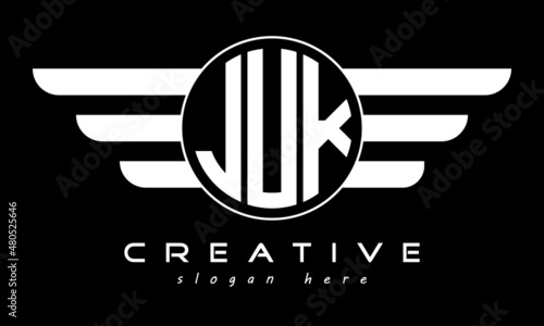 JUK three letter monogram type circle letter logo with wings vector template.