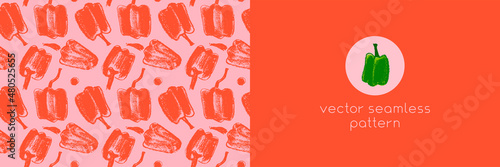 Red bell pepper pattern seamless in vector. Hand-drawn illustrations of green Bulgarian peppers. Pepper drawings. Organic vegetables background. Vegan wallpaper. Cooking backdrop. Vegetarian banner.