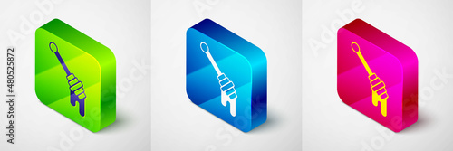 Isometric Honey dipper stick icon isolated on grey background. Honey ladle. Square button. Vector