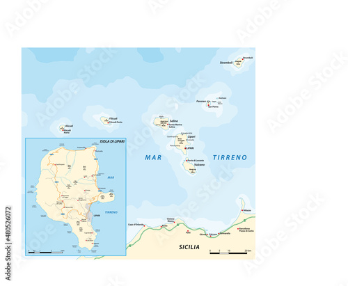 road map of Lipari Island and Aeolian Islands, Sicily, Italy
