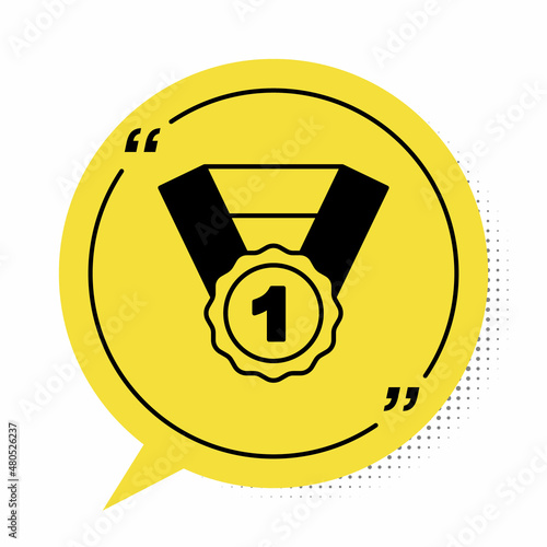 Black Dog award symbol icon isolated on white background. Medal with dog footprint as pets exhibition winner concept. Yellow speech bubble symbol. Vector
