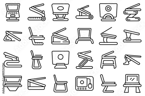 Laptop stand icons set outline vector. Compute work