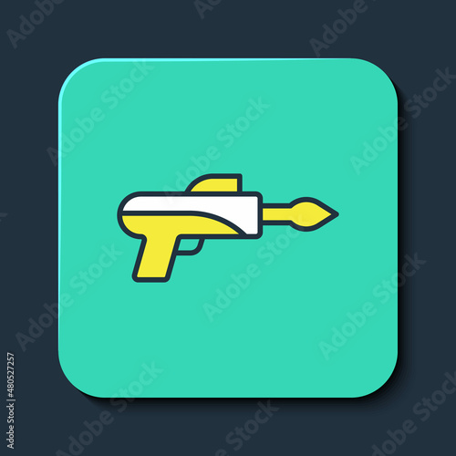 Filled outline Fishing harpoon icon isolated on blue background. Fishery manufacturers for catching fish under water. Diving underwater equipment. Turquoise square button. Vector