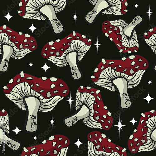 Seamless pattern in the shape of a mushroom. Different fly agarics. A pattern of fly agarics. A set of ingredients for a witch's potion. Cartoon style. Design for textiles.