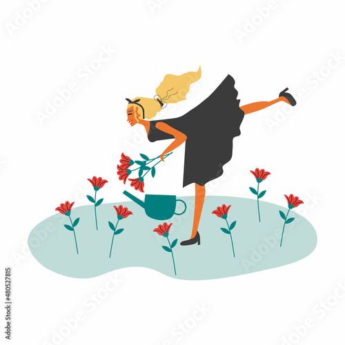Gardening concept. A young girl collects flowers and watering flowers in her garden. Vector illustration.