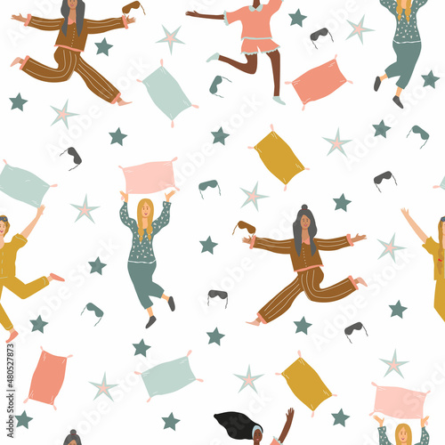 Seamless pattern for pajamas, bed linen or sleep masks. Vector illustration of girls in cute pajamas at a pajama party.