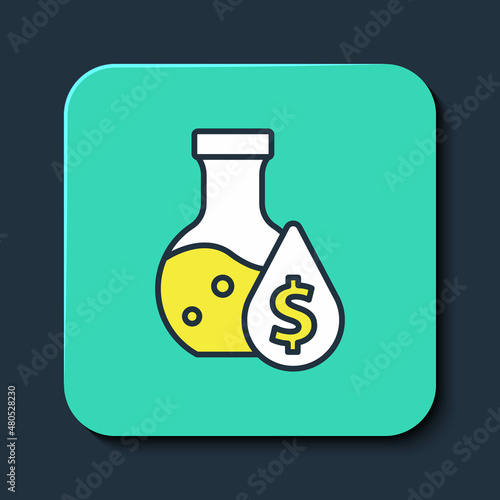 Filled outline Oil petrol test tube icon isolated on blue background. Cmemistry flask and falling drop. Turquoise square button. Vector