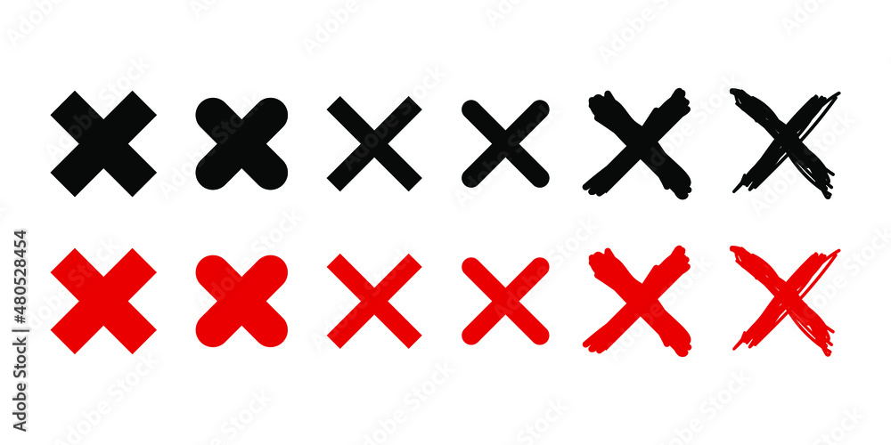 Fototapeta premium Set of black and red cross X icon. Delete, vote sign. no wrong symbol. Vector illustration isolated on white background. EPS 10
