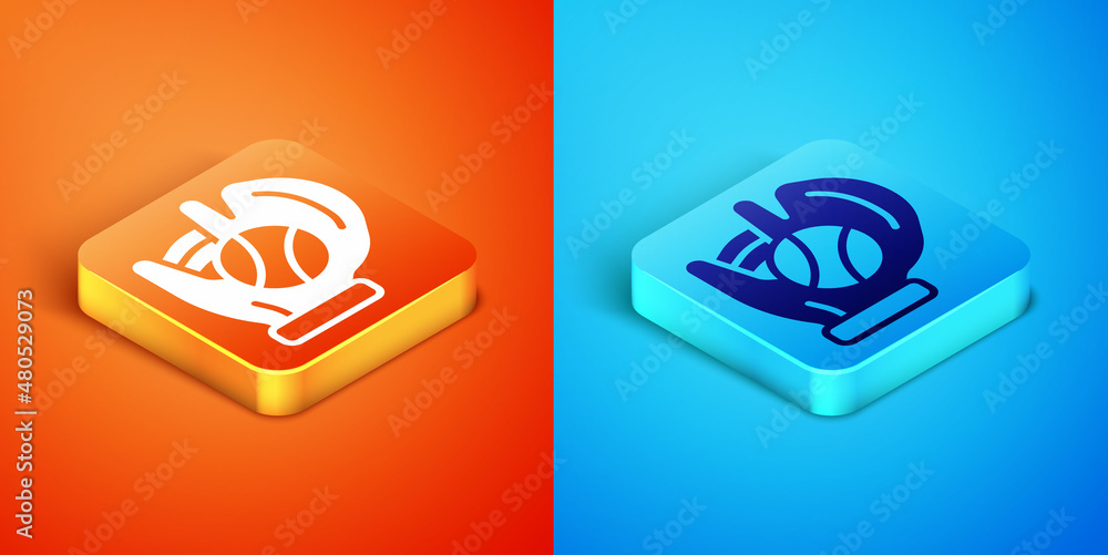 Isometric Baseball glove with ball icon isolated on orange and blue background. Vector Isometric Baseball glove with ball icon isolated on orange and blue background. Vector