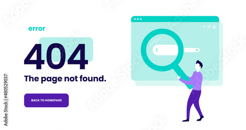 404 error page template with man holding magnifying glass at search bar in website window. Modern flat illustration.
