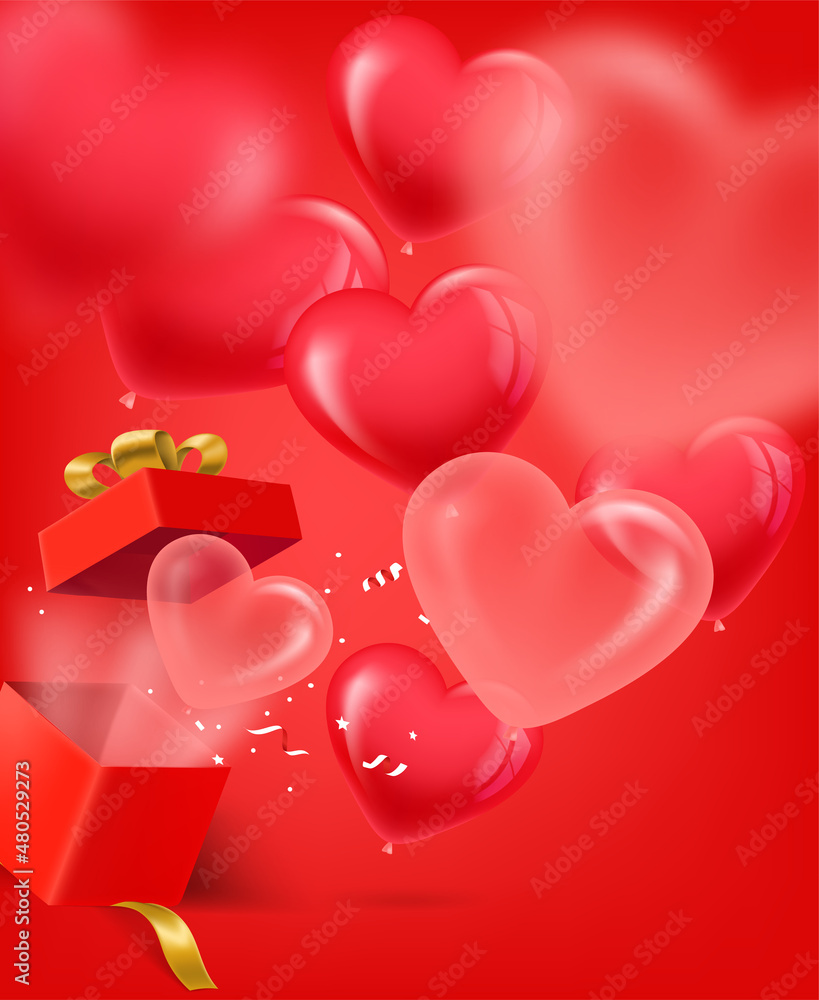 Opened red gift box with red and pink hearts. 3d vector banner with copy space