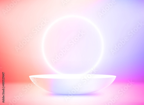 Empty studio with neon glow and podium. Vector 3d illustration