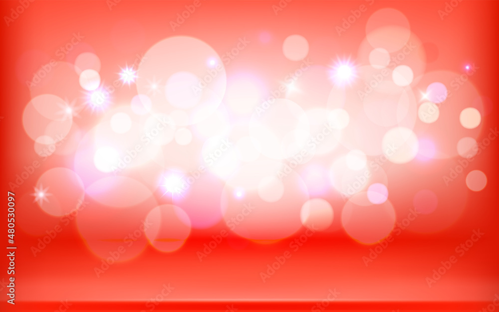 Red empty studio with bright bokeh lights effect. Vector illustration