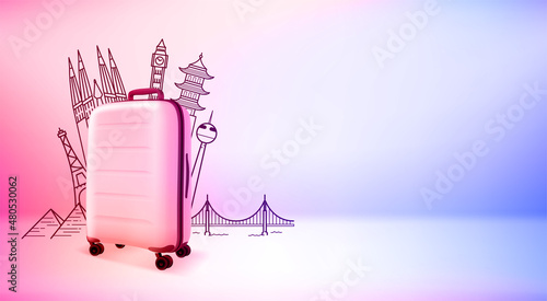 Modern travel suitcase with world sights silhouettes. 3d vector banner with copy space