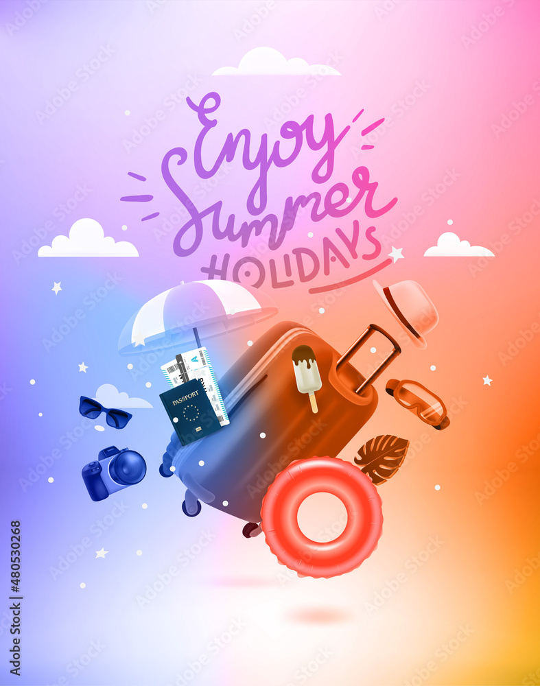 Summer travel stuff with Levitation effect and lettering inscription. 3d vector banner with logo