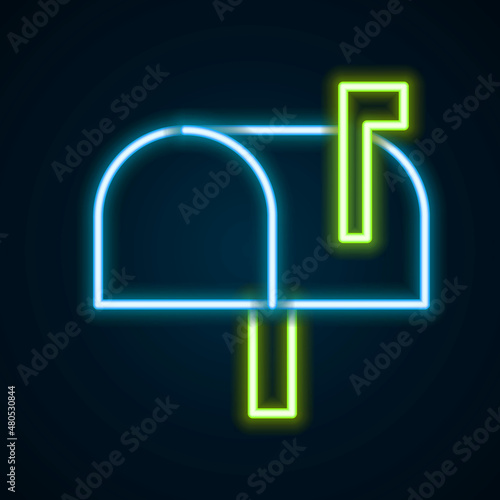 Glowing neon line Mail box icon isolated on black background. Mailbox icon. Mail postbox on pole with flag. Colorful outline concept. Vector
