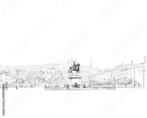 France. Lyon. Place Bellecour. Hand drawn sketch. Vector illustration.