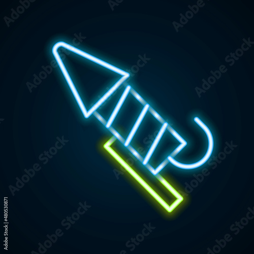 Glowing neon line Firework rocket icon isolated on black background. Concept of fun party. Explosive pyrotechnic symbol. Colorful outline concept. Vector