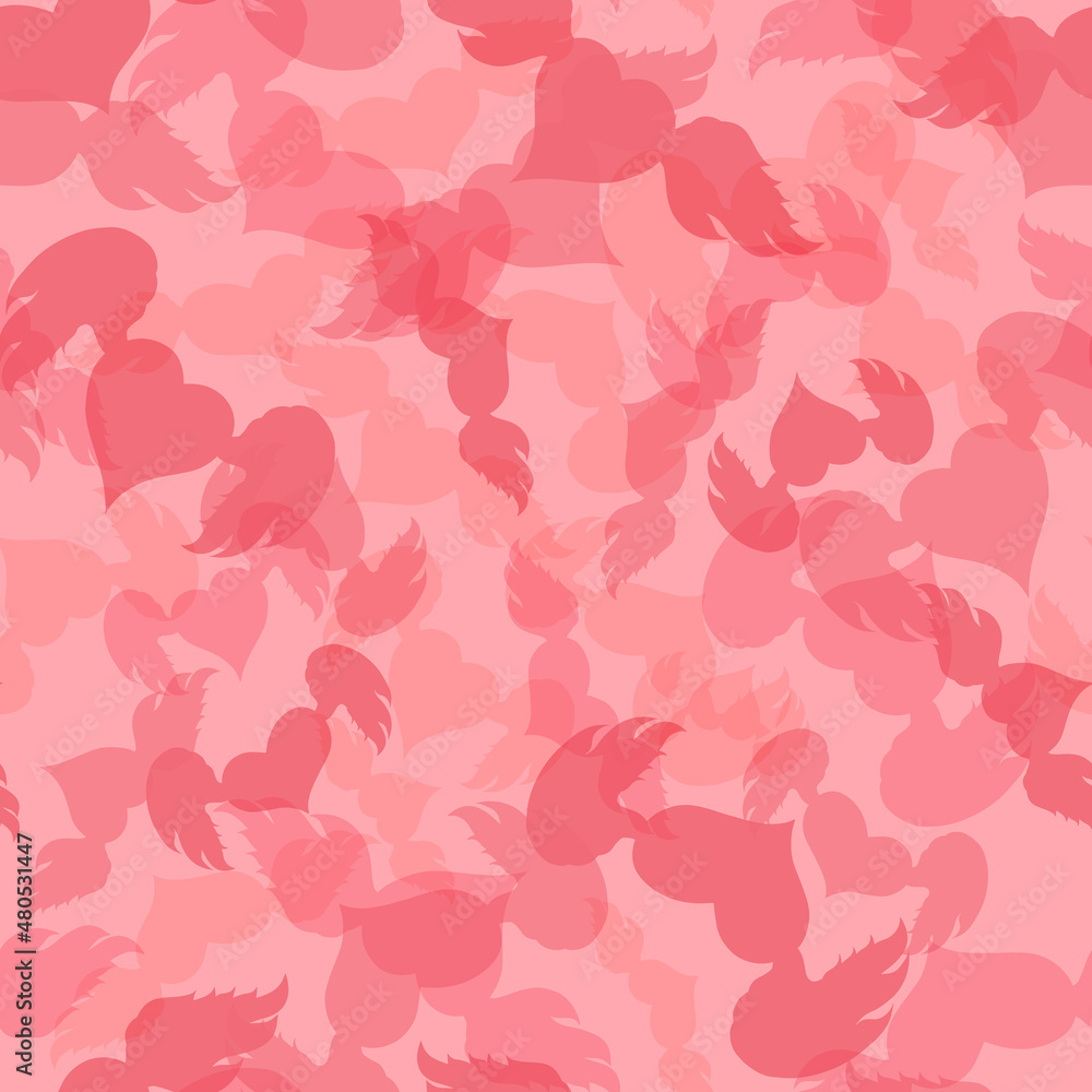 Saint Valentine's day random seamless pattern. Winged heart pastel pink silhouette endless texture. Pretty Valentine day boundless background. Cute doodle surface design for fabric or invitation.