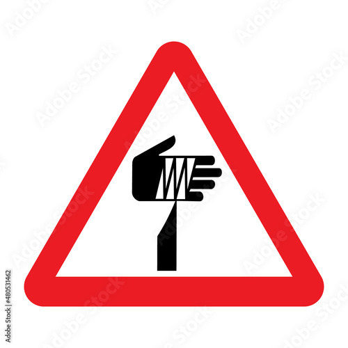 Sharp element warning sign. Vector illustration of red triangle sign with bandaged hand above sharp tool. Caution dangerous objects. Risk of injury, wound body.