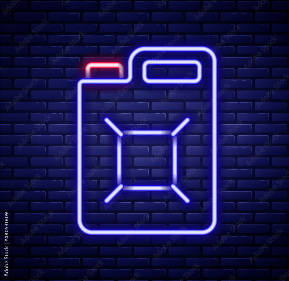 Glowing neon line Canister for gasoline icon isolated on brick wall background. Diesel gas icon. Colorful outline concept. Vector Glowing neon line Canister for gasoline icon isolated on brick wall background. Diesel gas icon. Colorful outline concept. Vector