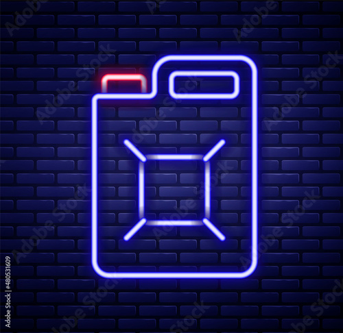 Glowing neon line Canister for gasoline icon isolated on brick wall background. Diesel gas icon. Colorful outline concept. Vector