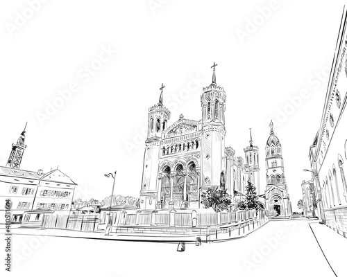France. Lyon. Basilica of Notre-Dame de Fourvière. Hand drawn sketch. Vector illustration.