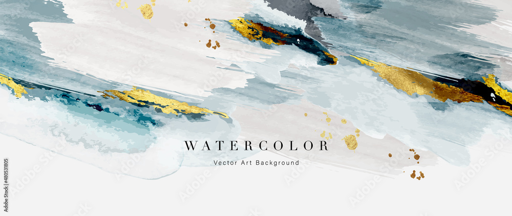 Luxury gold abstract watercolor art background vector. Marble digital arts design with golden glitter and watercolor brush texture. Vector illustration for prints, wall art, invitation and wallpaper. - obrazy, fototapety, plakaty 