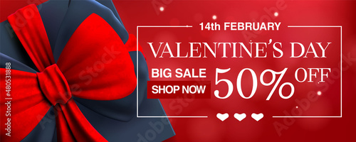 Valentine's day sale banner background for flyer or web-sete header, Gift box with bow, Cute love banner or Valentines greeting card, Premium Vector