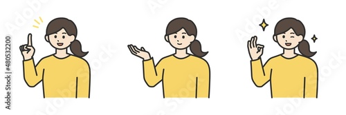 若い女性の表情とジェスチャーのイラスト素材セット