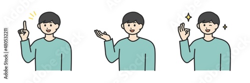 若い男性の表情とジェスチャーのイラスト素材セット