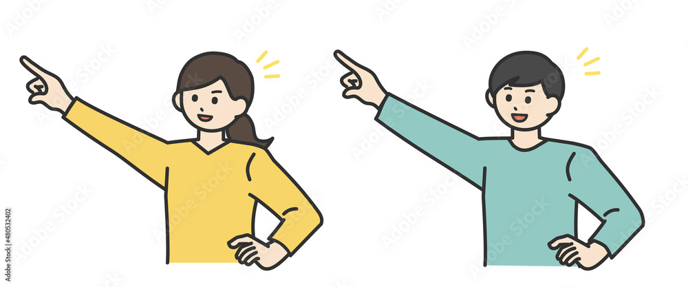 若い男性と女性が斜め上に指を刺すポーズのイラスト素材 Stock Vector Adobe Stock 若い男性と女性が斜め上に指を刺すポーズのイラスト素材 Stock Vector Adobe Stock